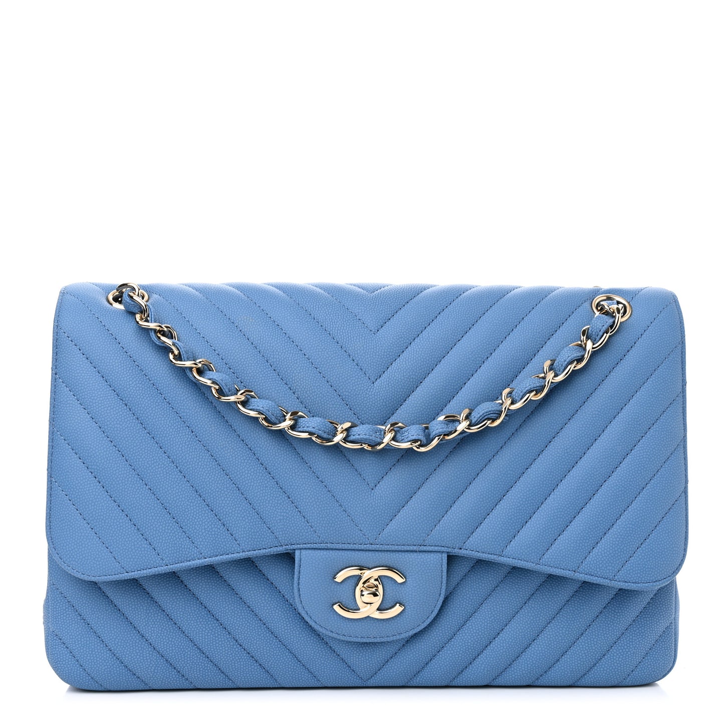 Caviar Flat Chevron Quilted Jumbo Double Flap Blue