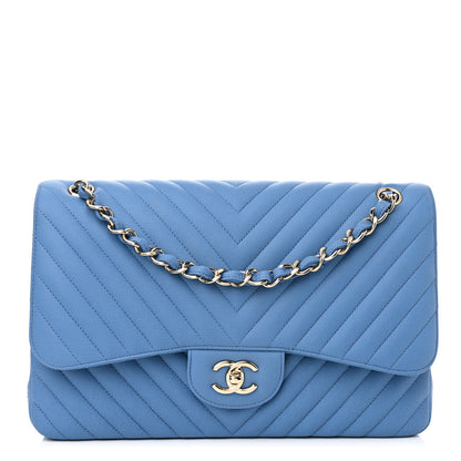 Chanel Caviar Flat Chevron Quilted Jumbo Double Flap Blue 1 of 14