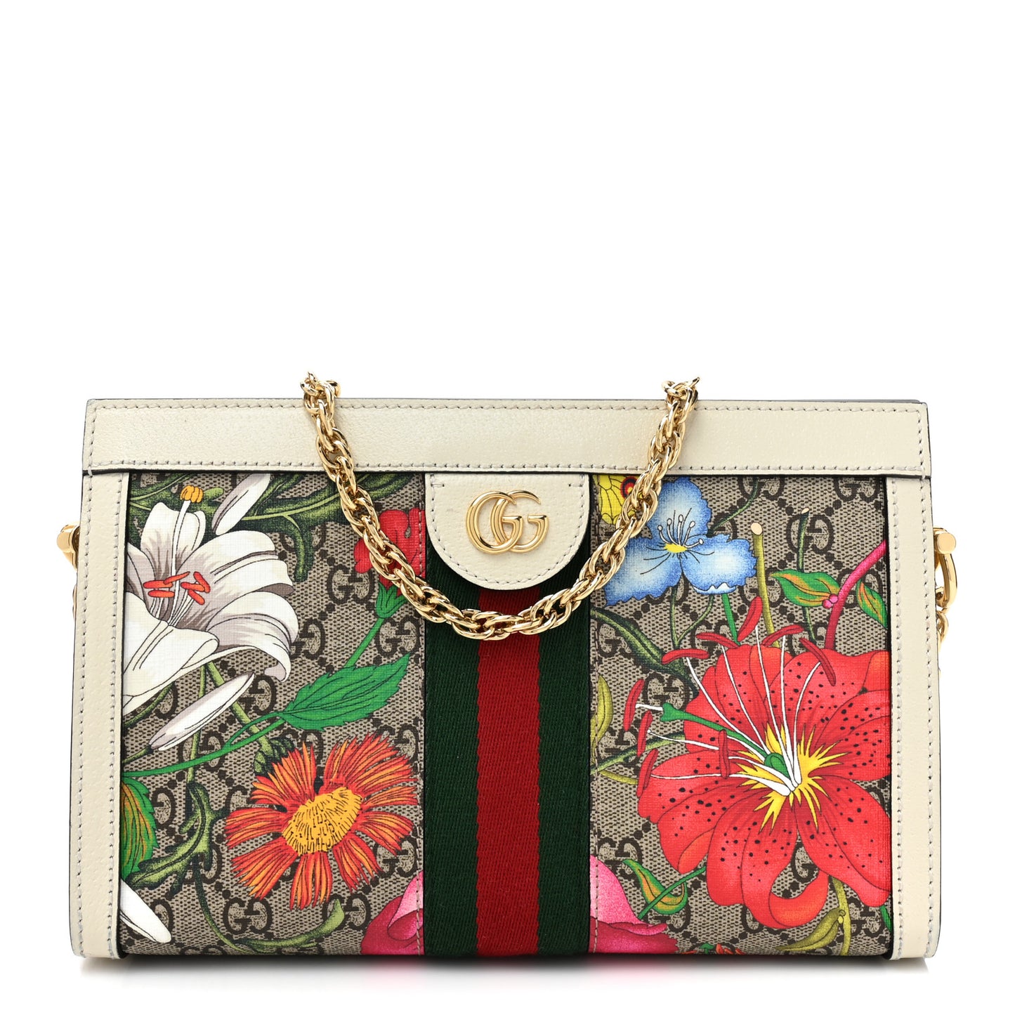 GG Supreme Monogram Flora Web Small Ophidia Chain Shoulder Bag White