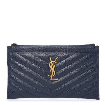 Saint Laurent Grain De Poudre Chevron Monogram Bill Pouch Navy 1 of 8