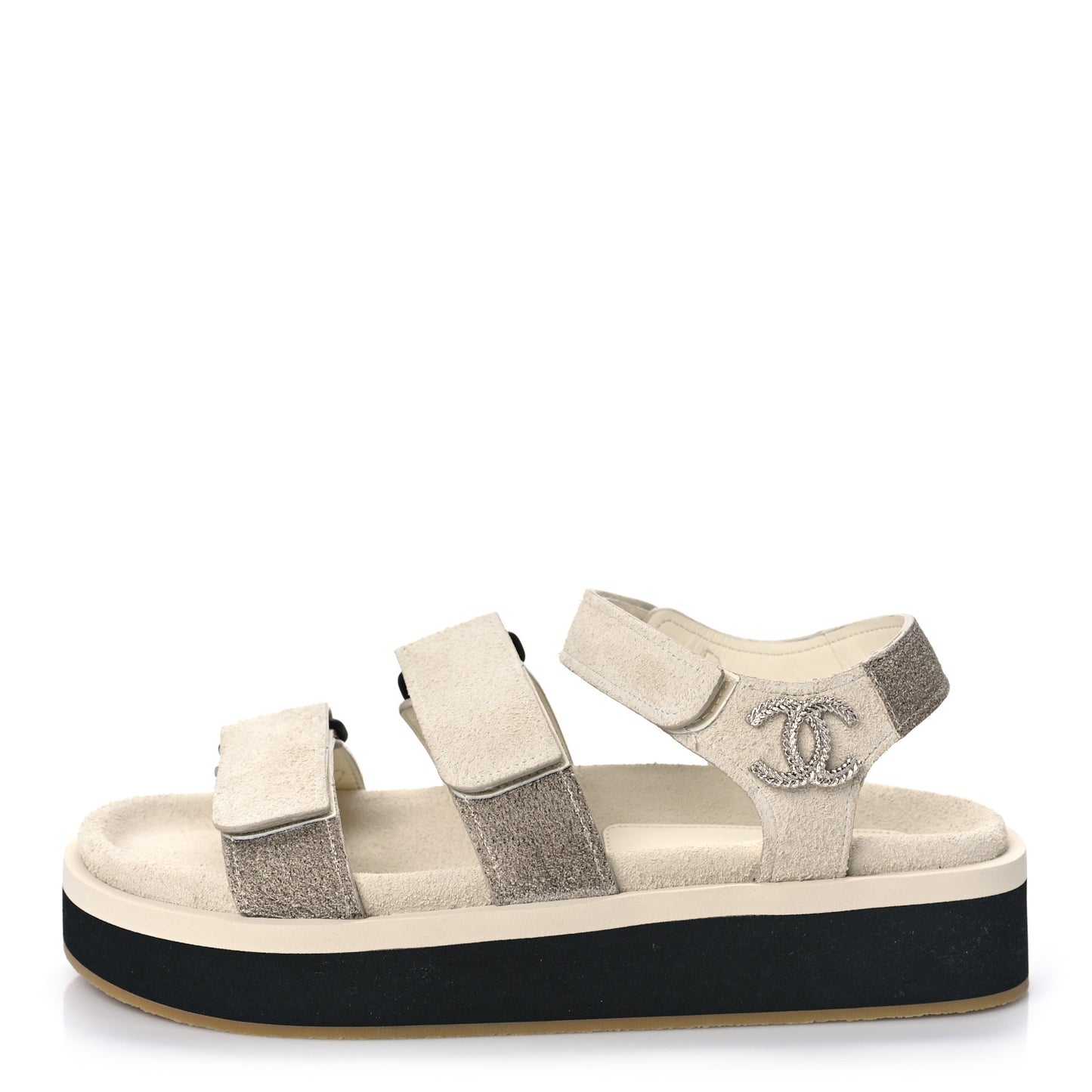 Suede Calfskin Velcro Flat Sandals 37 Ecru Dark Beige