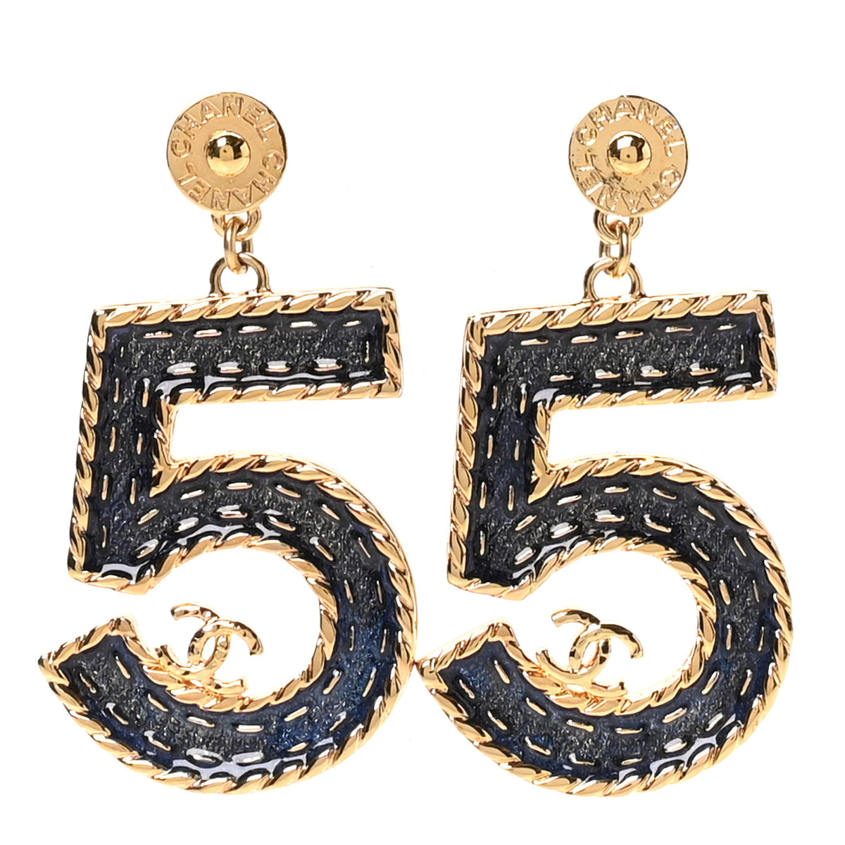 Chanel Metal Enamel CC No 5 Rope Drop Earrings Gold Denim Blue 1 of 5