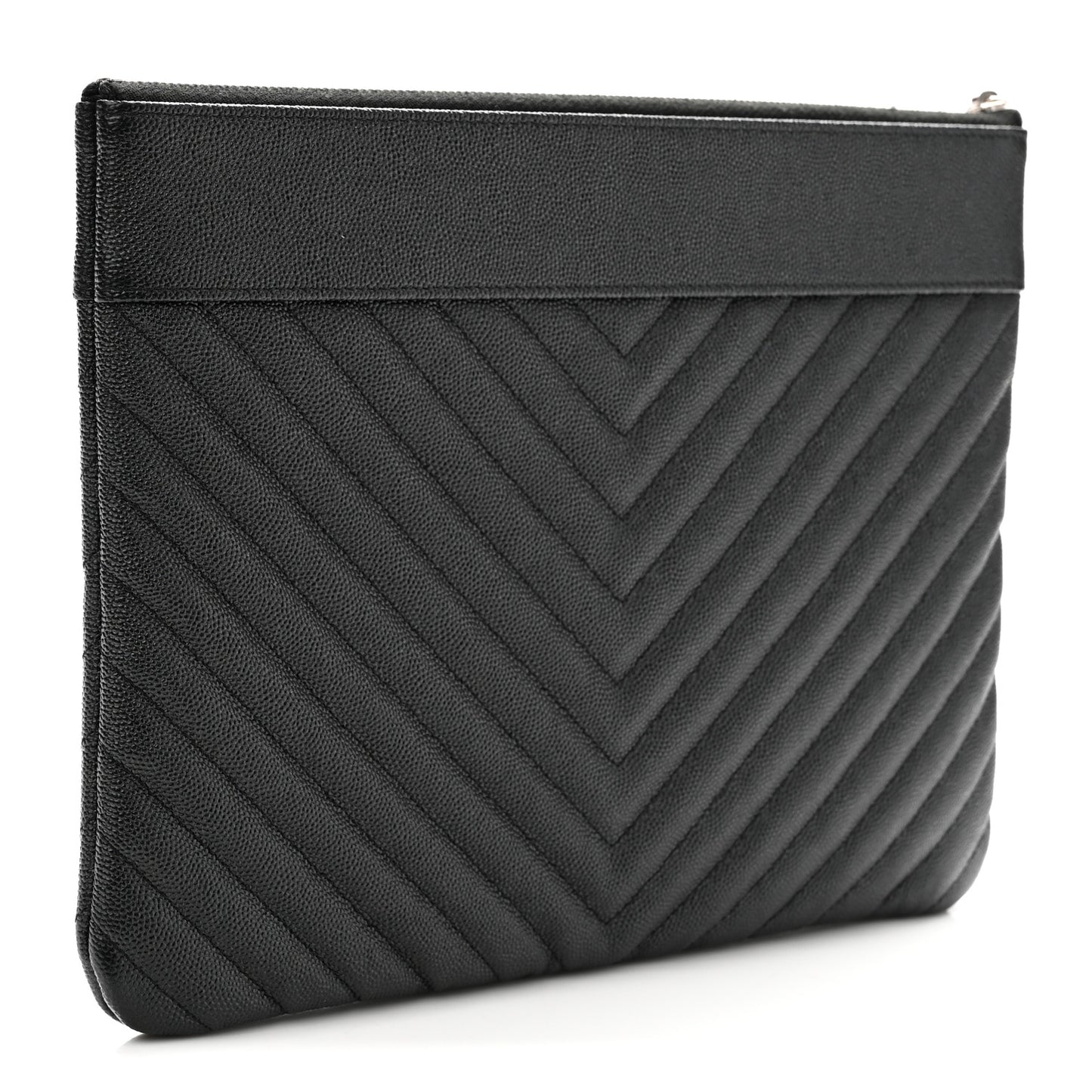 Metallic Caviar Chevron Quilted Vintage Mademoiselle Large Zip Pouch Charcoal