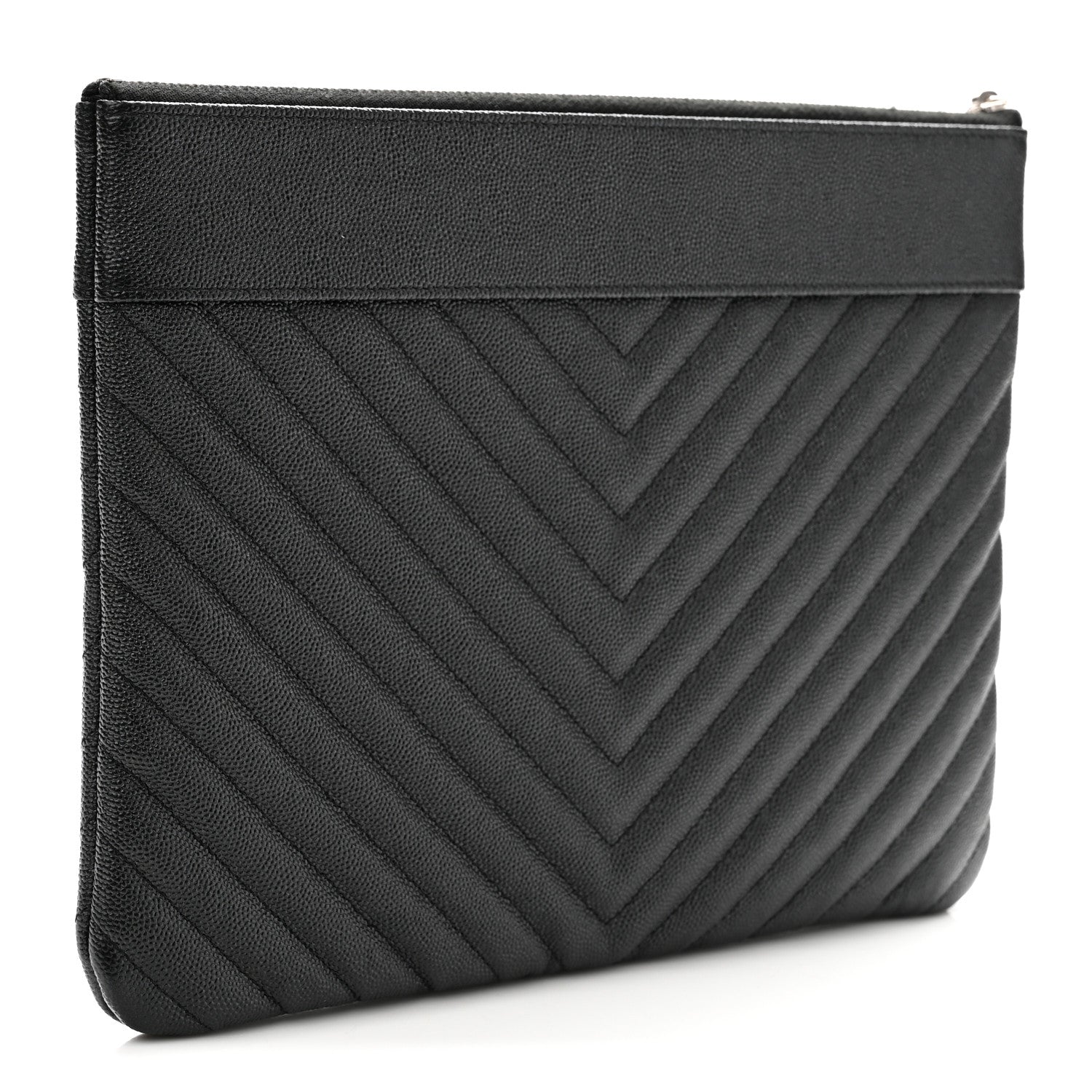 Chanel Metallic Caviar Chevron Quilted Vintage Mademoiselle Large Zip Pouch Charcoal 3 of 8