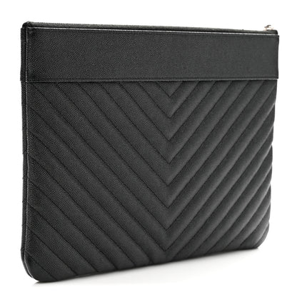 Chanel Metallic Caviar Chevron Quilted Vintage Mademoiselle Large Zip Pouch Charcoal 3 of 8