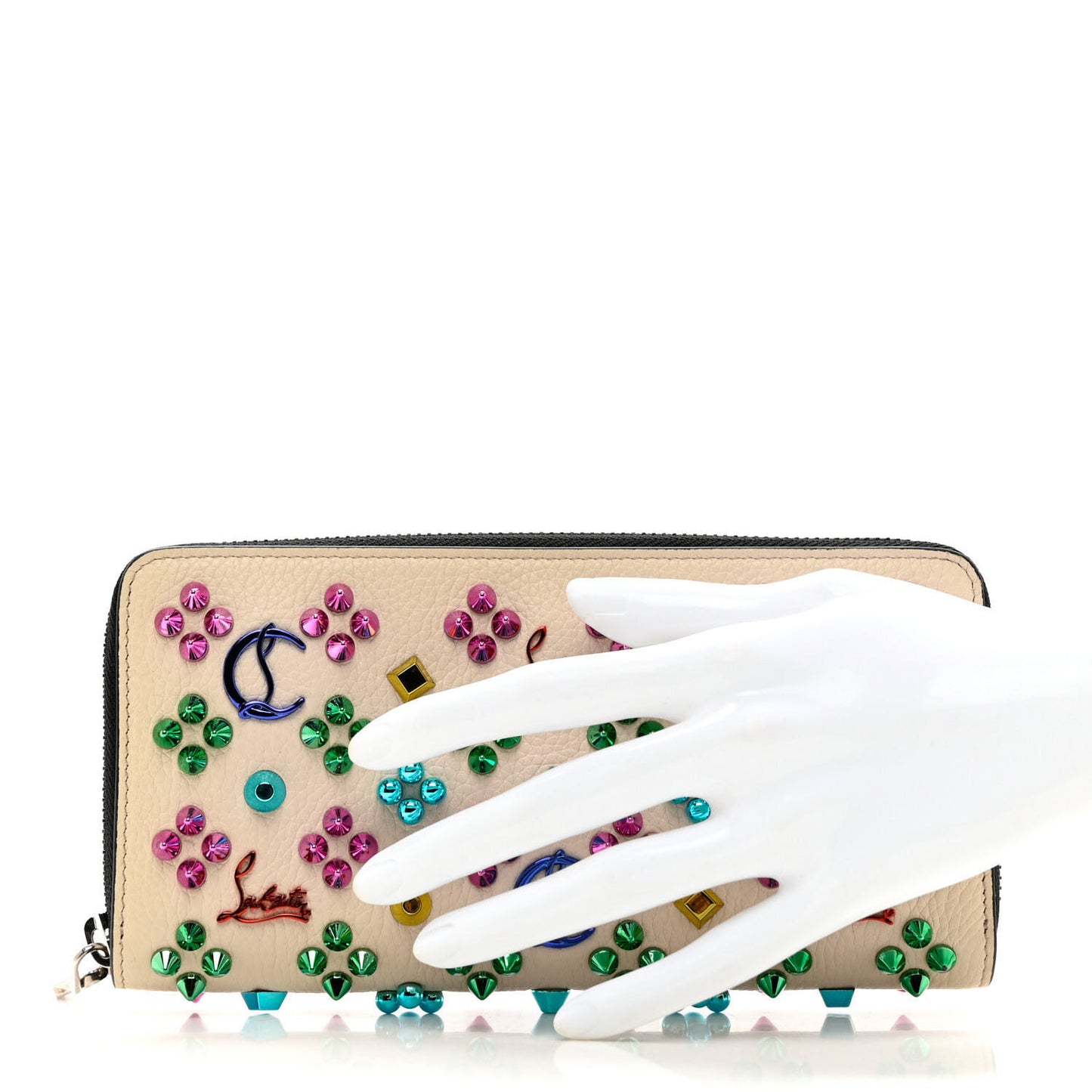 Calfskin Panettone Spiked Zip Around Wallet Ivory