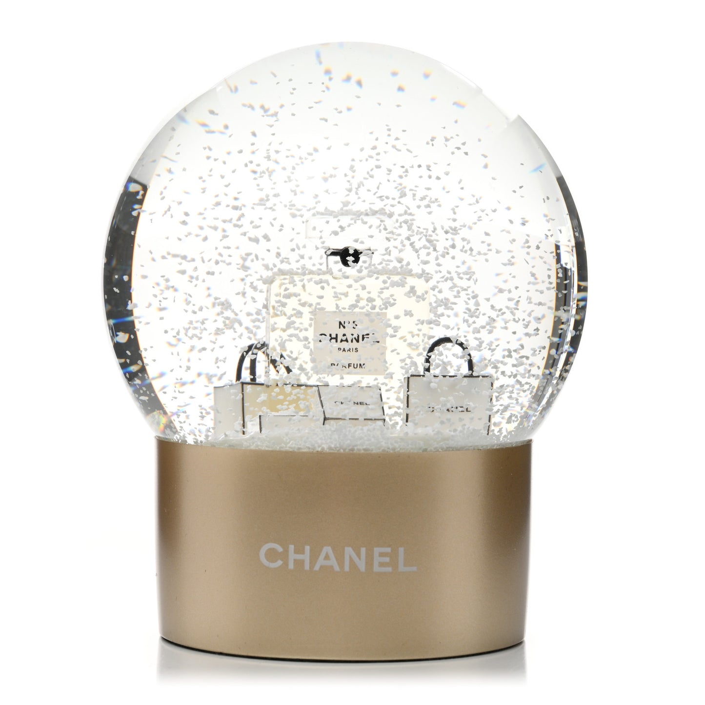 Glass N°5 Perfume Bottle Snow Globe Gold