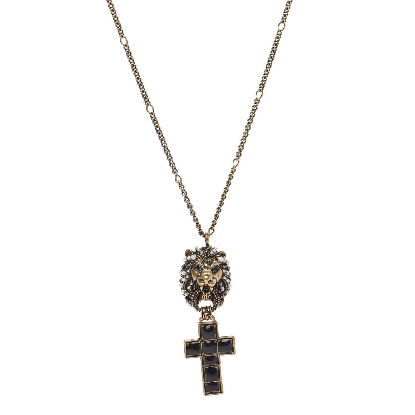 Metal Lion Head Pearl Crystal Crucifix Necklace Aged Gold