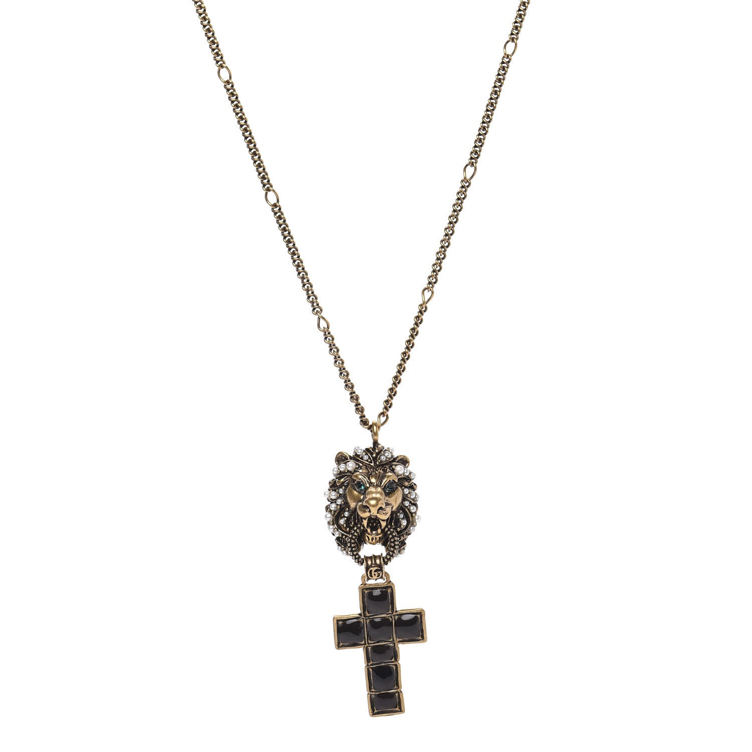 Gucci Metal Lion Head Pearl Crystal Crucifix Necklace Aged Gold 1 of 5
