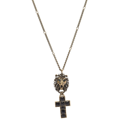 Gucci Metal Lion Head Pearl Crystal Crucifix Necklace Aged Gold 1 of 5