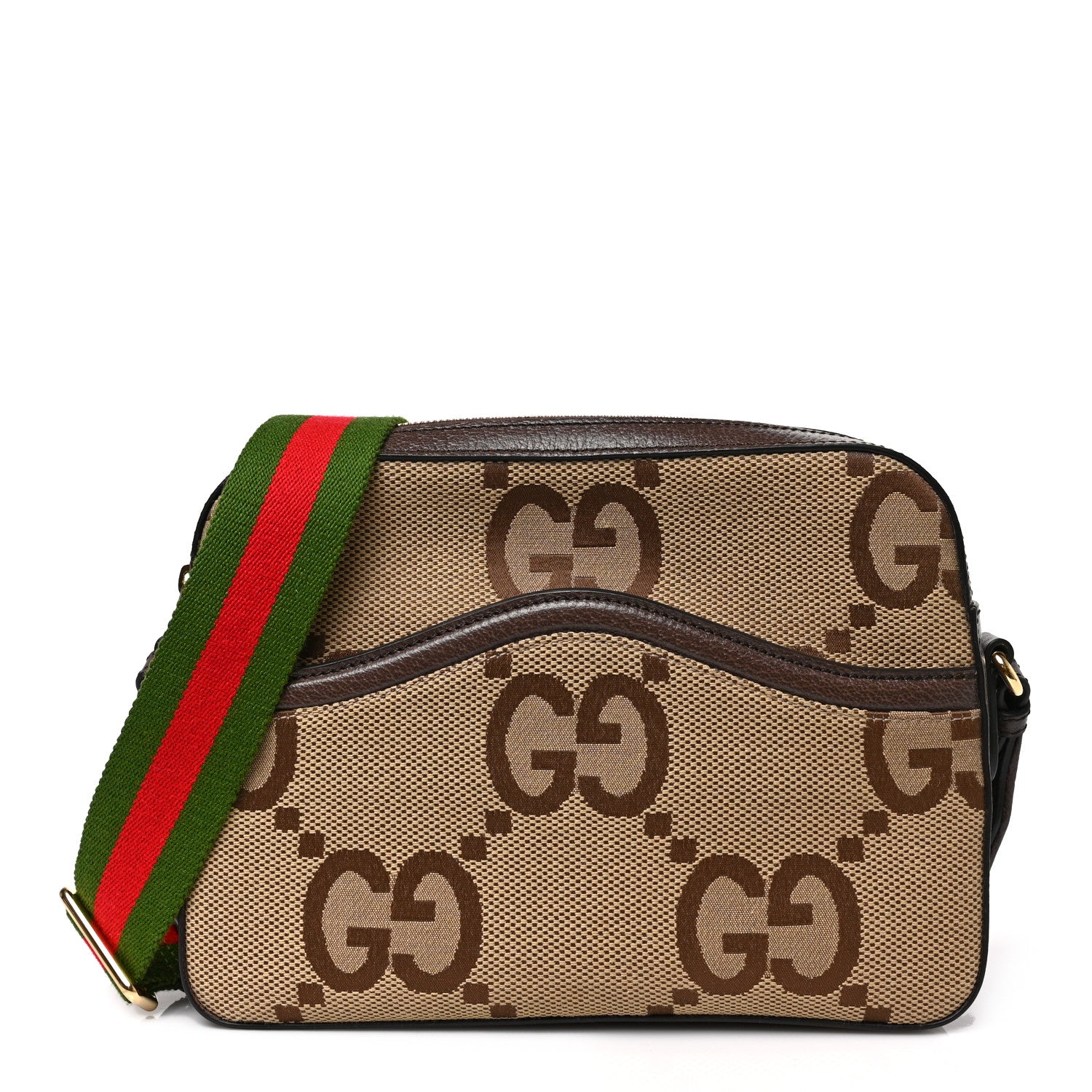 Gucci Monogram Jumbo GG Textured Dollar Calfskin Web Messenger Shoulder Bag Camel Ebony New Acero 1 of 8