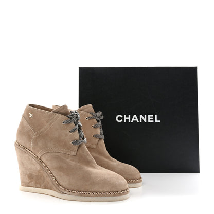 Chanel Suede Calfskin Lace Up Wedge Booties 40.5 Beige 9 of 9