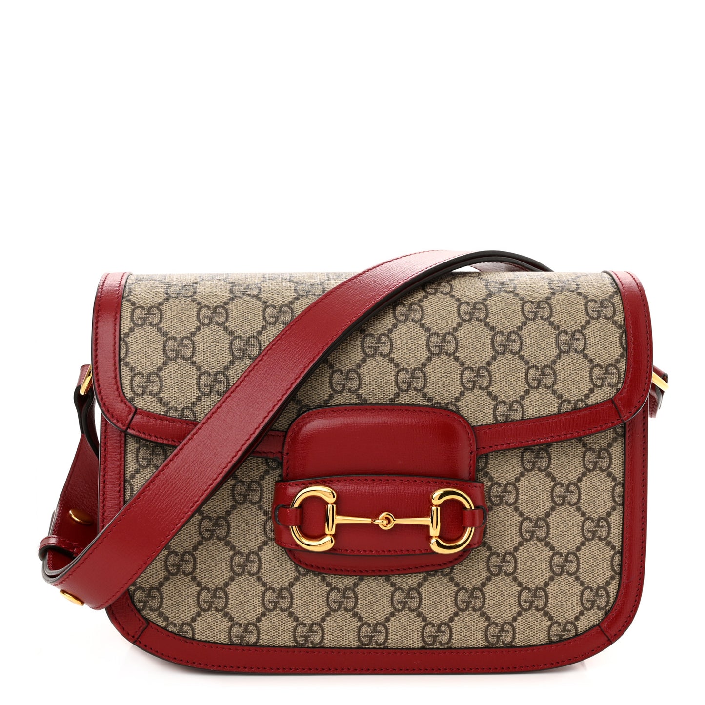 GG Supreme Monogram Azalea Calfskin Horsebit 1955 Shoulder Bag Beige Ebony New Cherry Red
