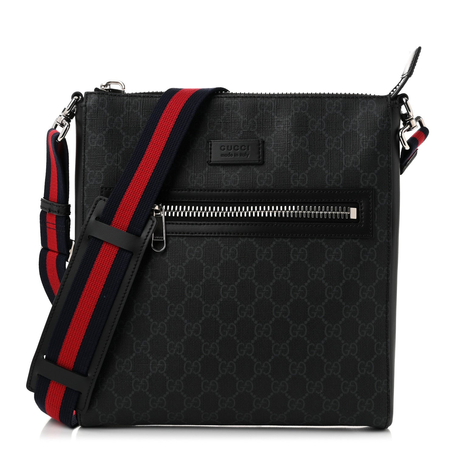 Gucci GG Supreme Monogram Appia Calfskin Web Flat Messenger Bag Black Grey 1 of 11
