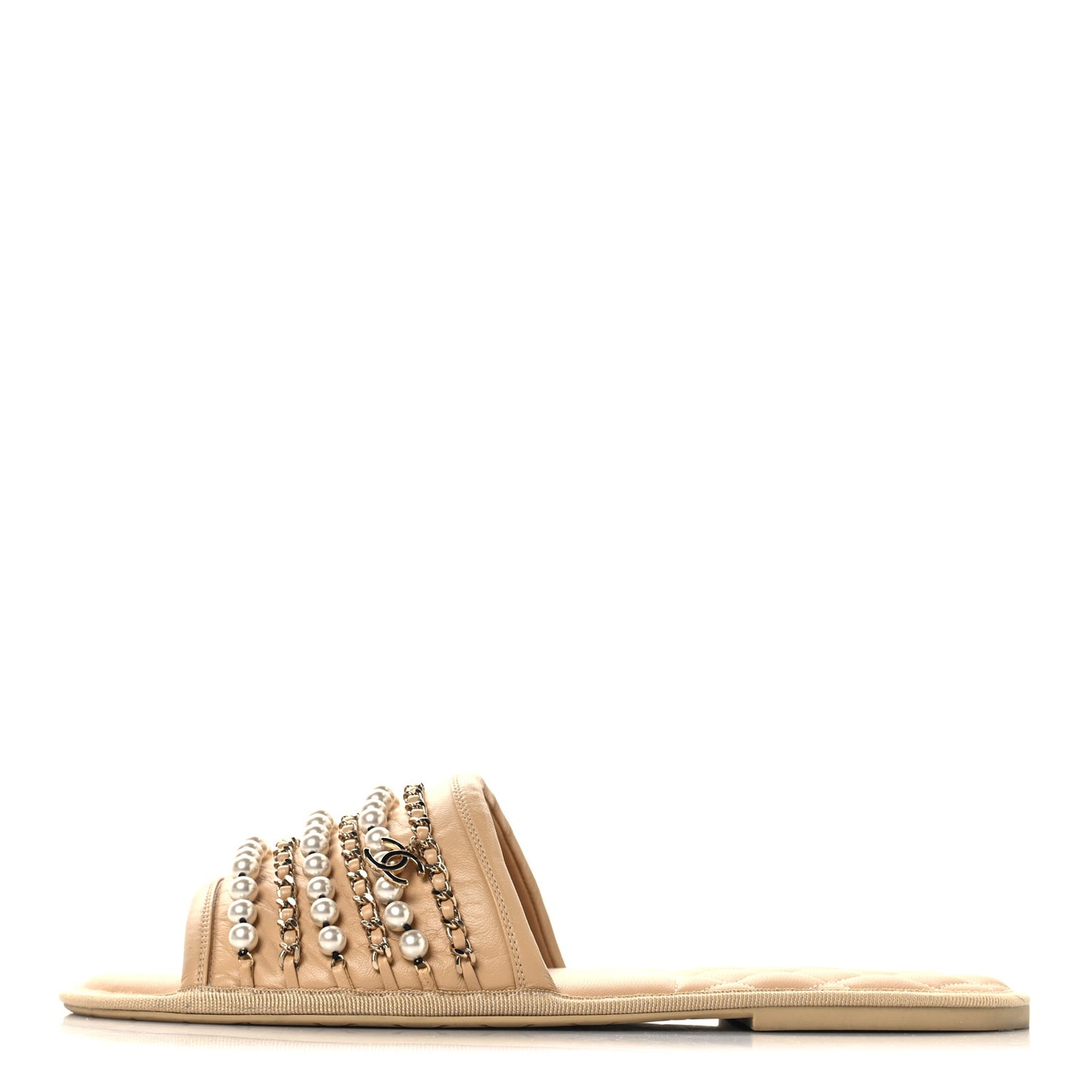 Lambskin Pearl Chain Flat Slipper Sandals M  Beige