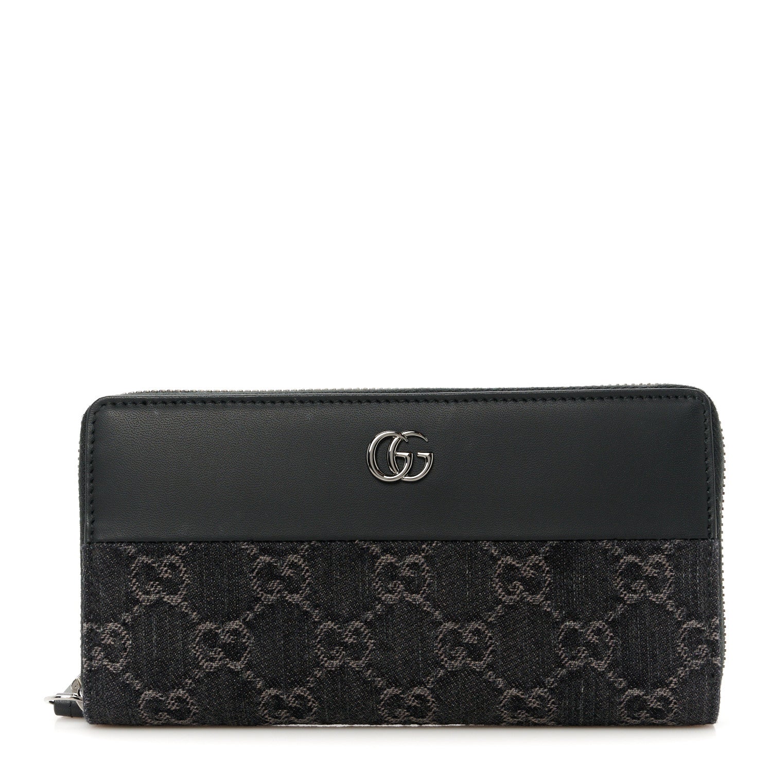 Gucci Calfskin Denim Monogram Marmont Zip Wallet Black 1 of 8