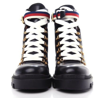 Gucci Calfskin Womens Sylvie Web Lace Up Combat Boots 40 Black 2 of 11
