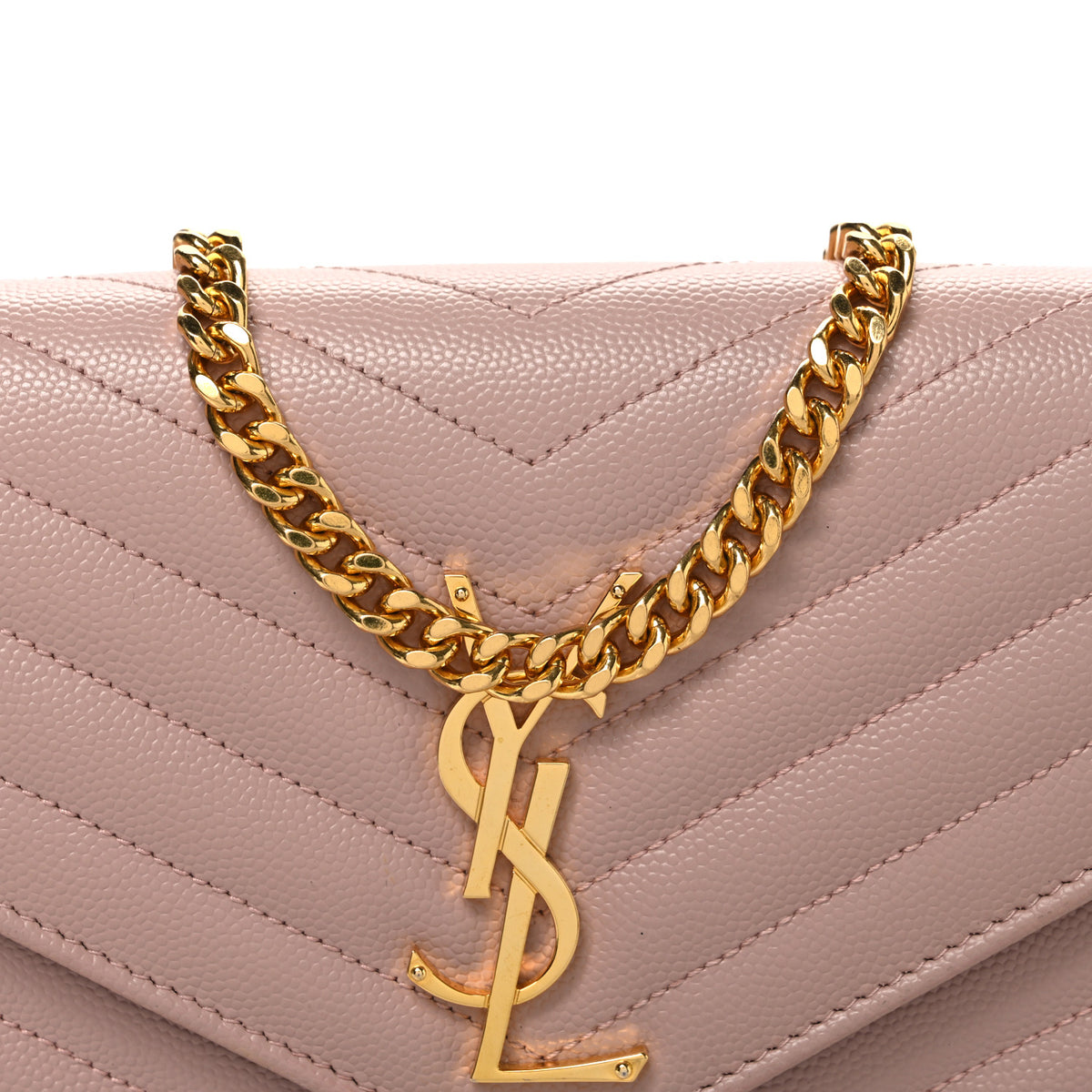 Saint Laurent Grain De Poudre Matelasse Chevron Monogram Chain Wallet Pale Blush 7 of 9