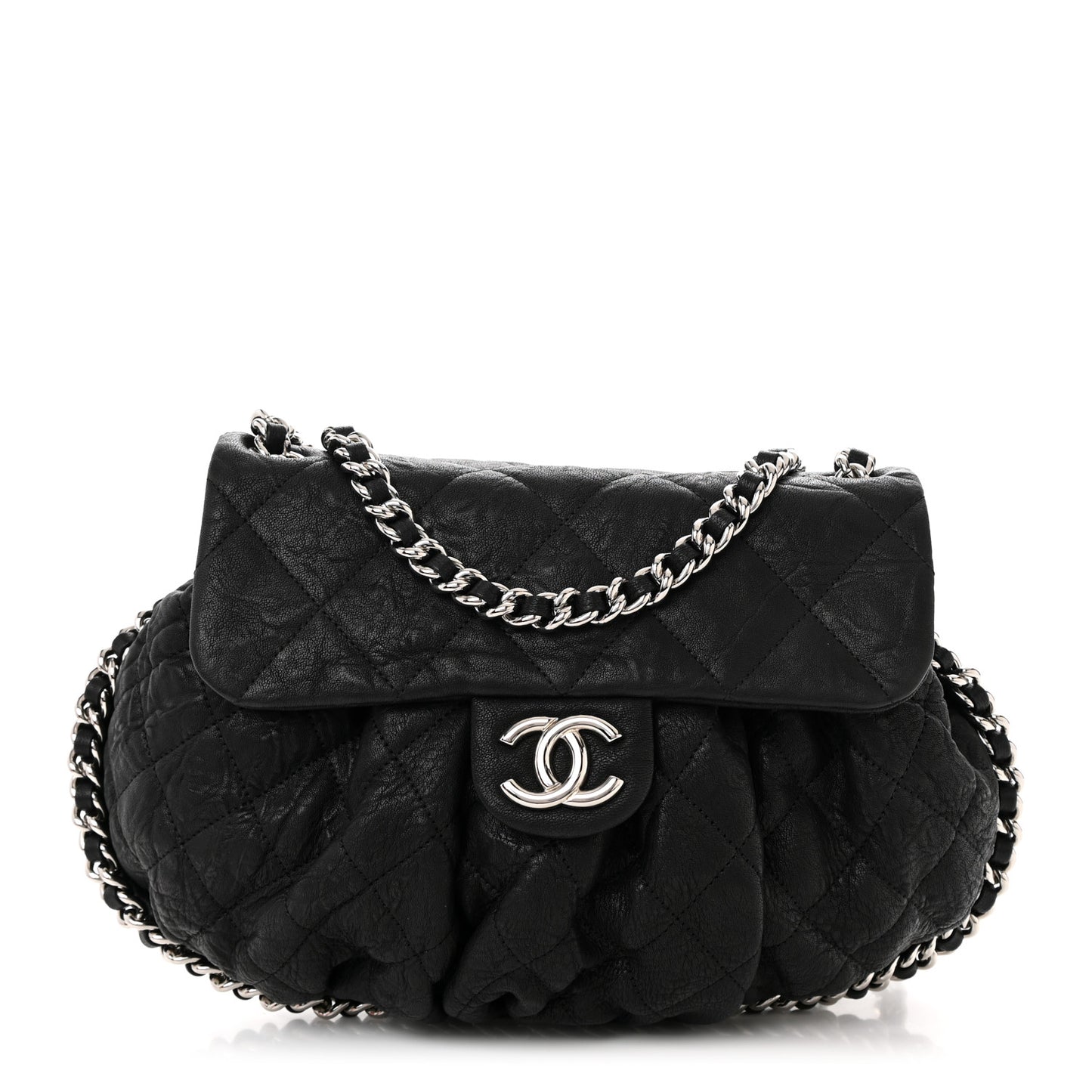 Washed Lambskin Quilted Medium Chain Around Messenger Black