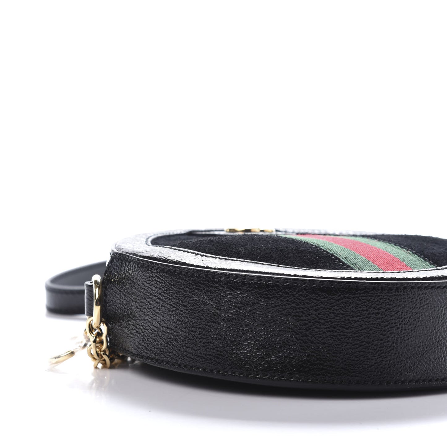 Suede Patent Web Mini Ophidia Round Shoulder Bag Black