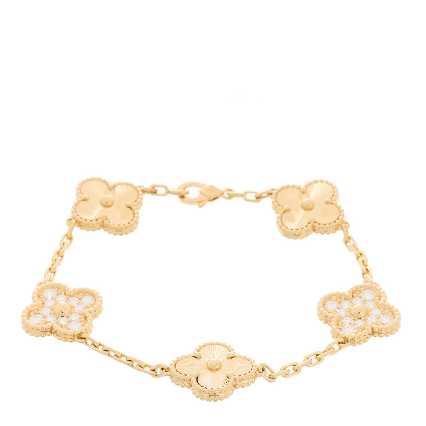 18K Yellow Gold Diamond 5 Motifs Guilloche Vintage Alhambra Bracelet