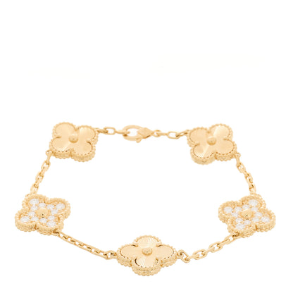 Van Cleef & Arpels 18K Yellow Gold Diamond 5 Motifs Guilloche Vintage Alhambra Bracelet 1 of 6