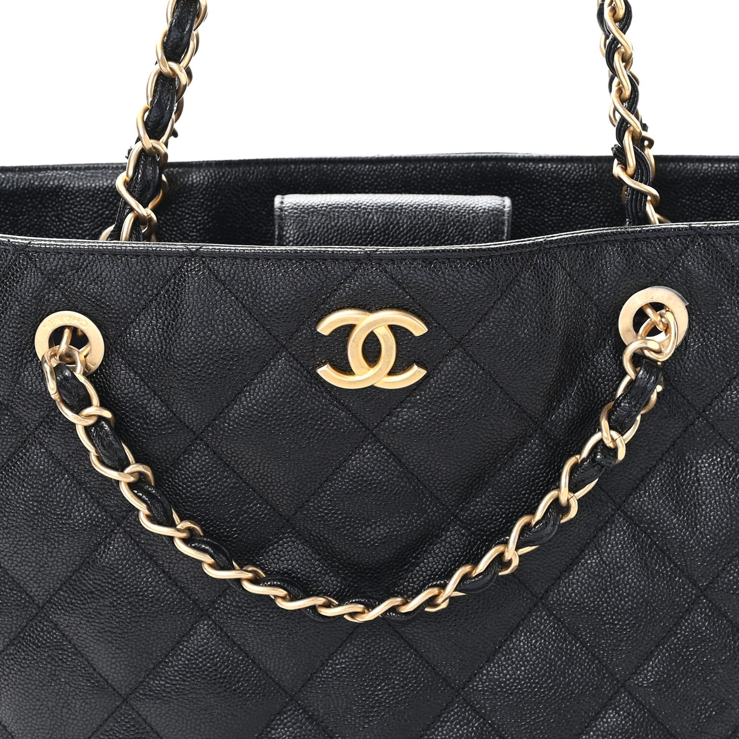 Caviar Quilted Small Trapezoid Chain Shopping Tote Black