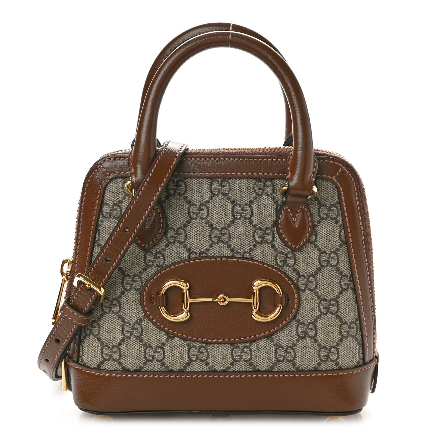 GG Supreme Monogram Azalea Calfskin Mini Horsebit 1955 Top Handle Bag Beige Ebony Brown Sugar