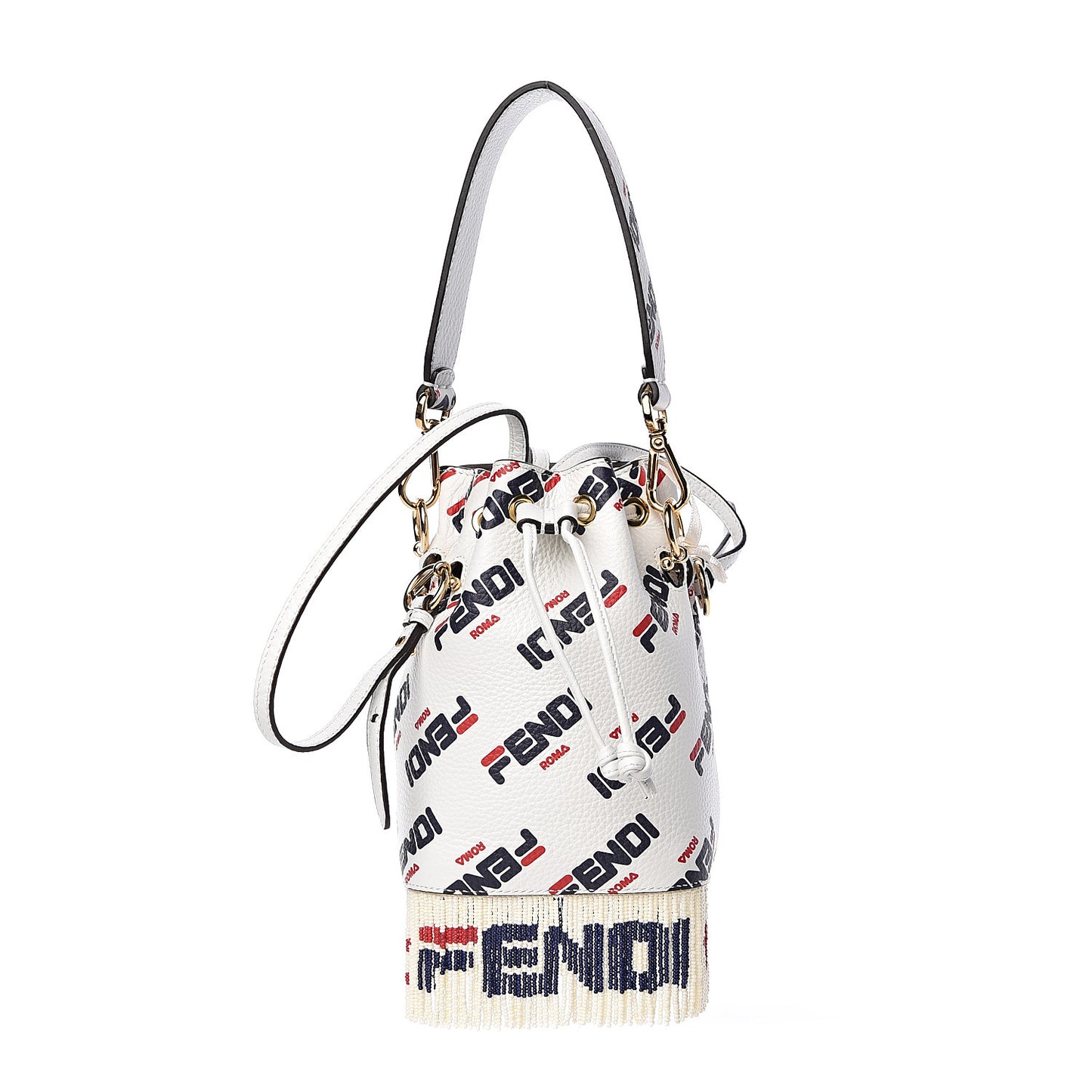X FILA Calfskin F is Fendi Mania Fringe Mini Mon Tresor Bucket Bag White