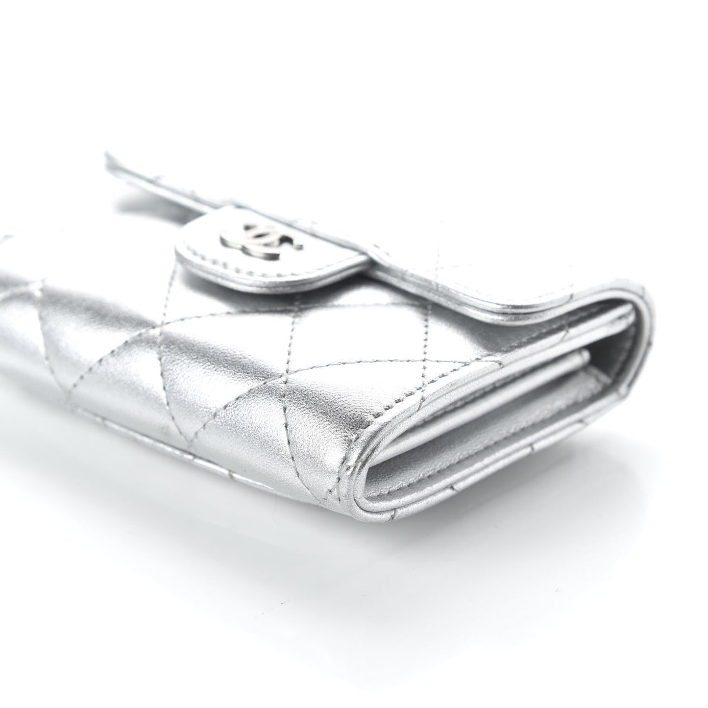 Metallic Lambskin Quilted Flap Card Holder Wallet Silver