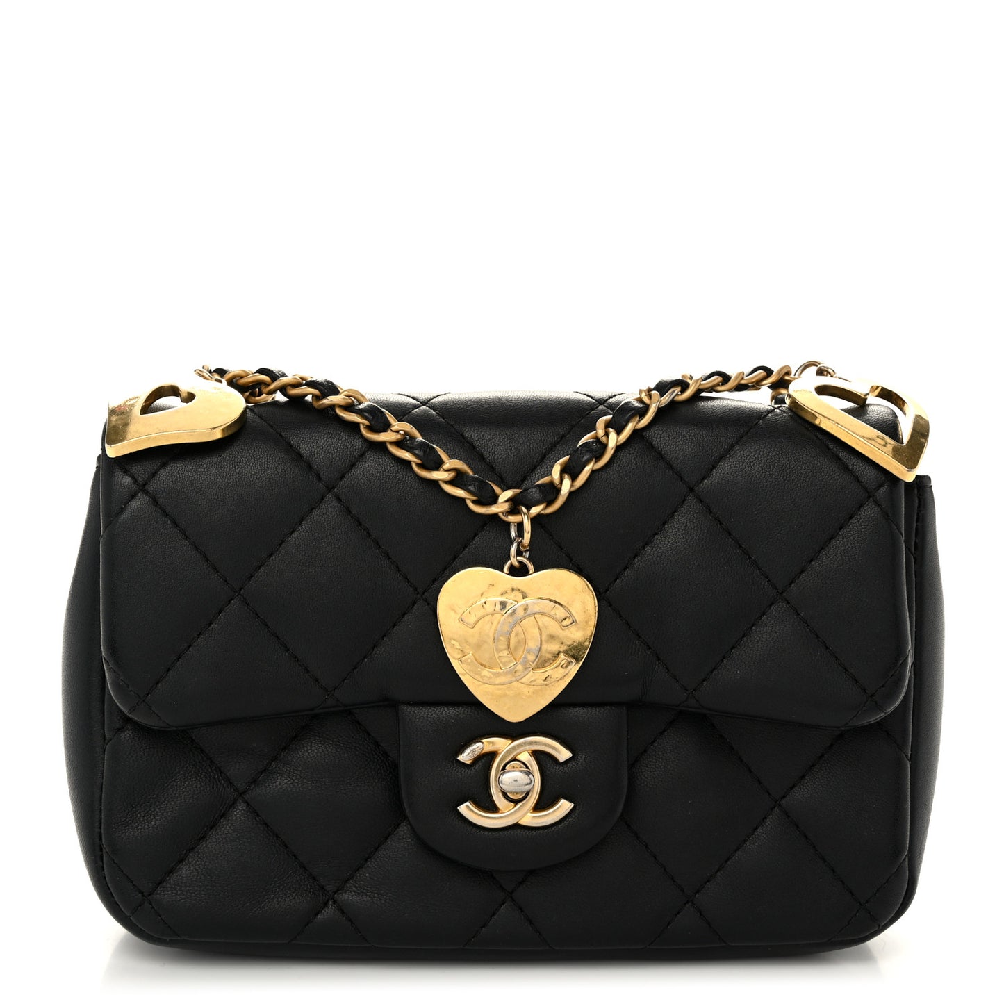 Lambskin Quilted Mini Heart Charms Flap Black