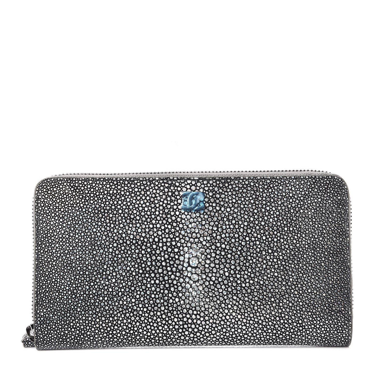 Metallic Galuchat Stingray Zip Around Wallet Silver
