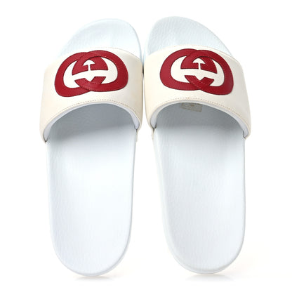 Gucci Nappa Miro Soft Calfskin Interlocking G Mens Slide Sandals 11 White Hibiscus Red 2 of 7