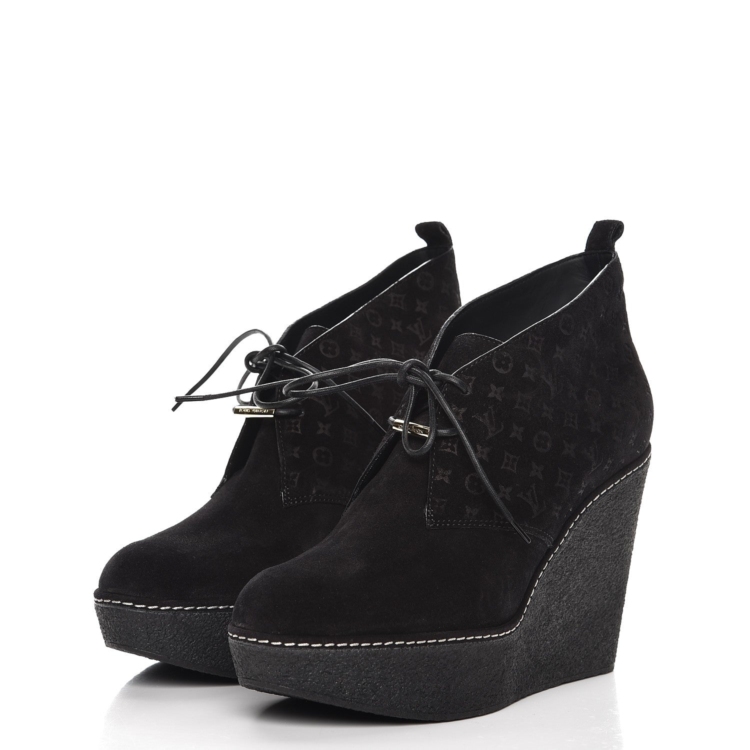 Louis Vuitton Suede Embossed Monogram Frosty Wedge Low Boots 39 Black 3 of 11