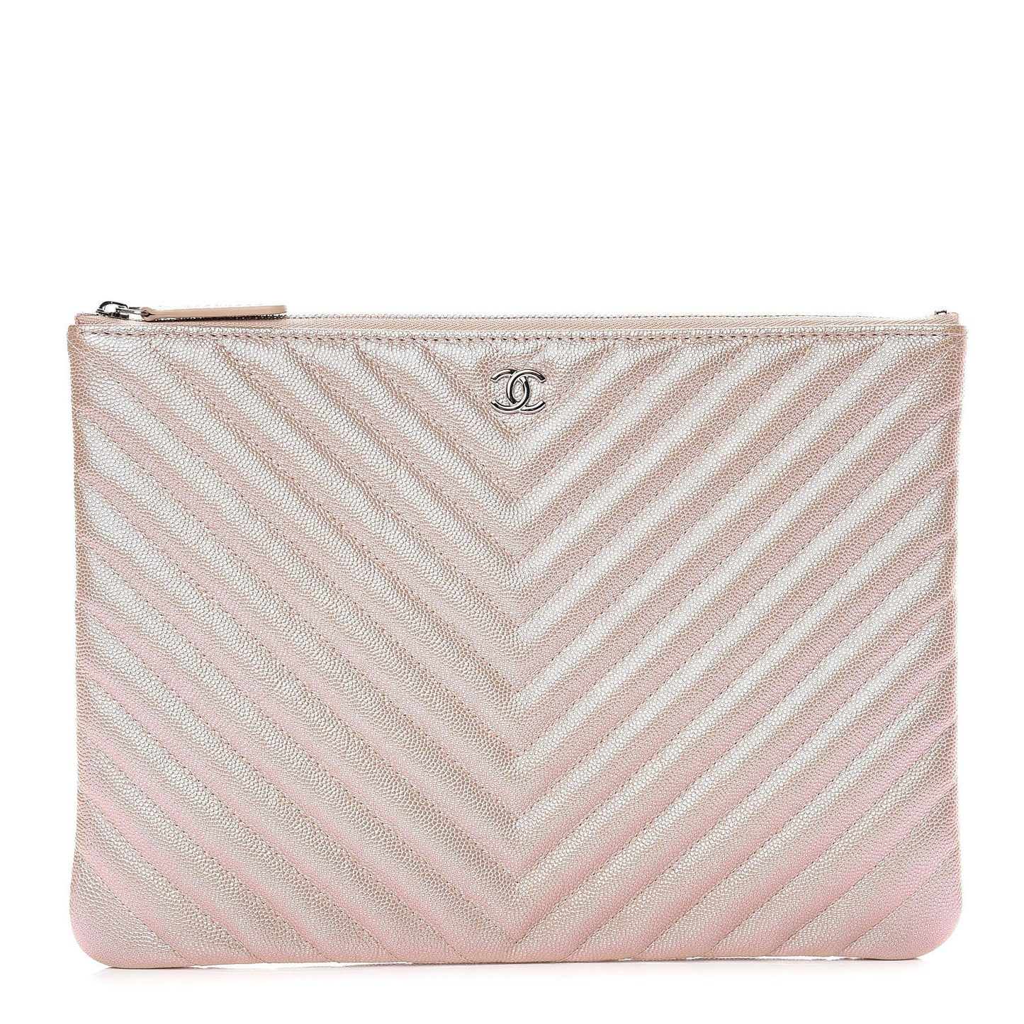 Iridescent Caviar Chevron Quilted Medium Cosmetic Case Light Gold