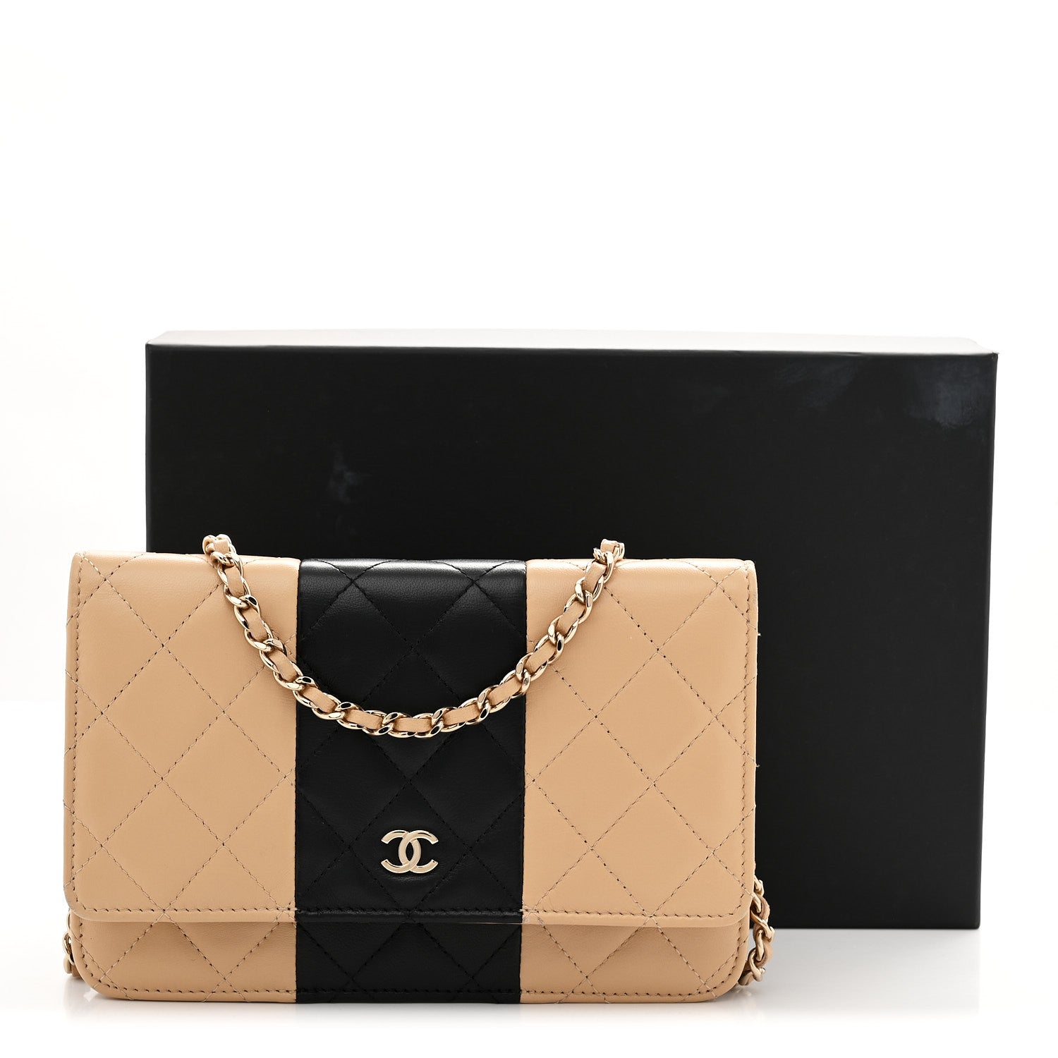 Chanel Lambskin Quilted Wallet On Chain WOC Beige Black 13 of 13