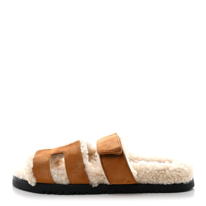Hermes Suede Goatskin Woolskin Womens Chypre Sandals 37.5 Brun Fume Ecru 1 of 8