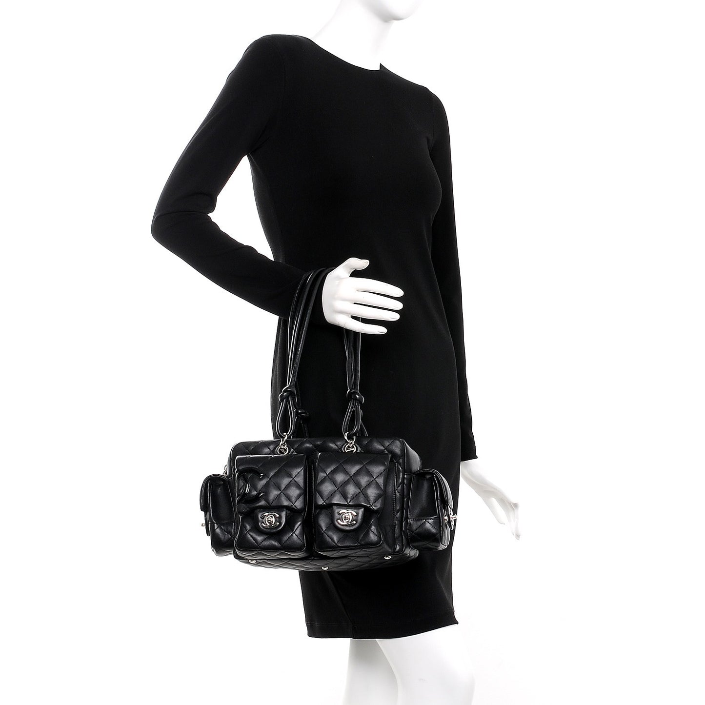 Calfskin Quilted Small Cambon Multipocket Reporter Black