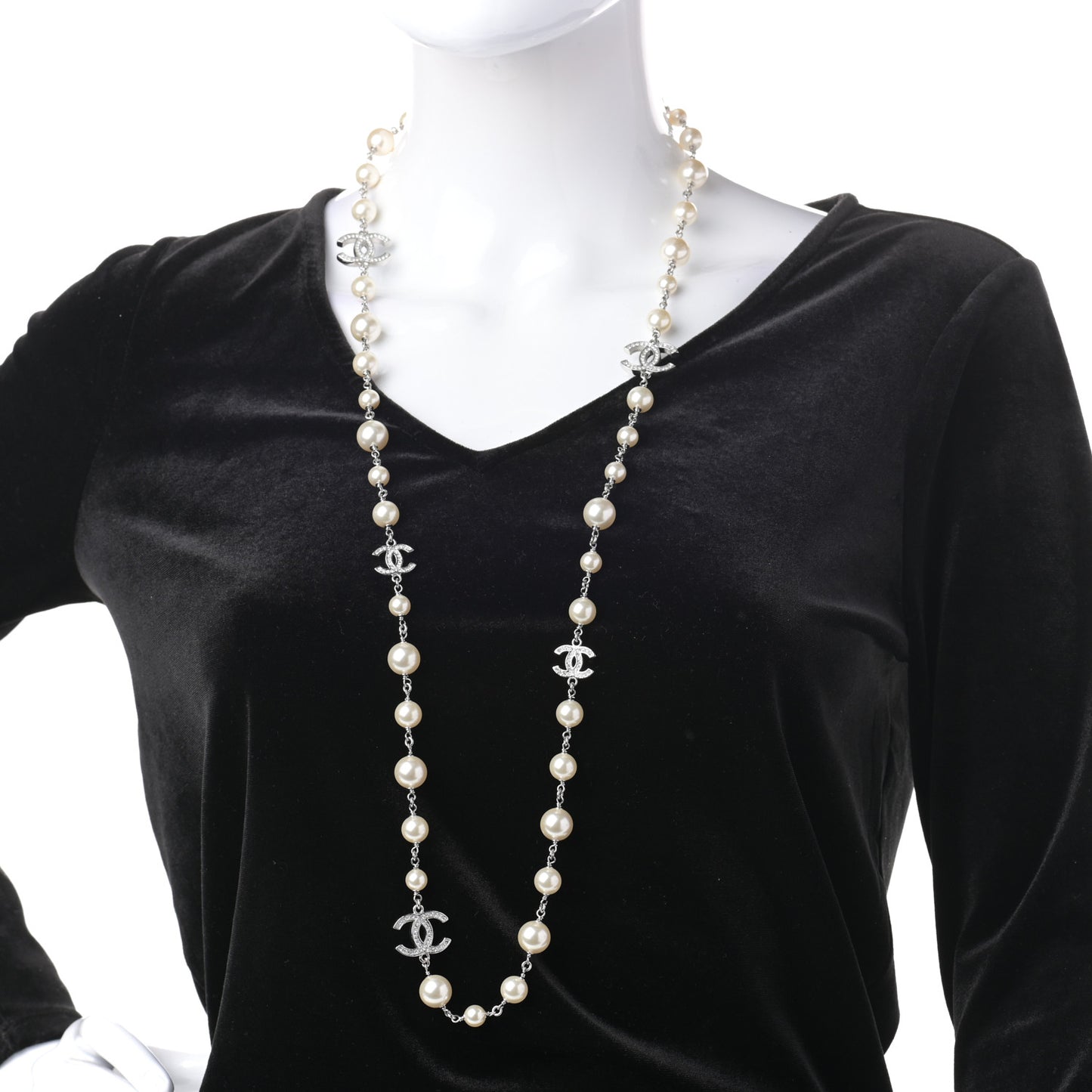 Crystal Pearl CC Long Necklace Silver