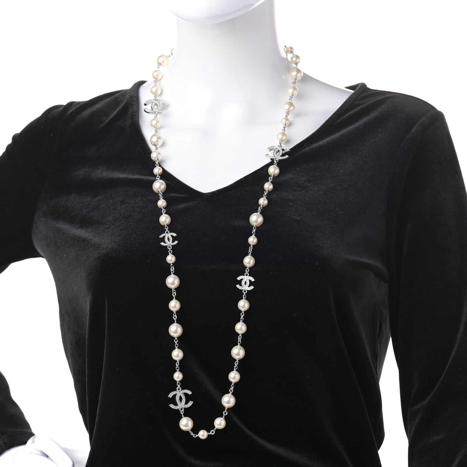 Chanel Crystal Pearl CC Long Necklace Silver 2 of 4