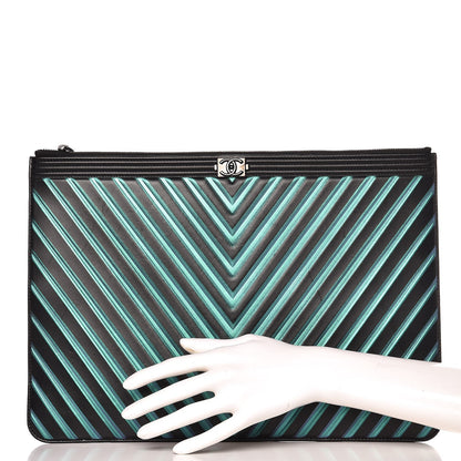Chanel Calfskin Painted Chevron Embossed Large Boy Zip Pouch Black 2 of 10