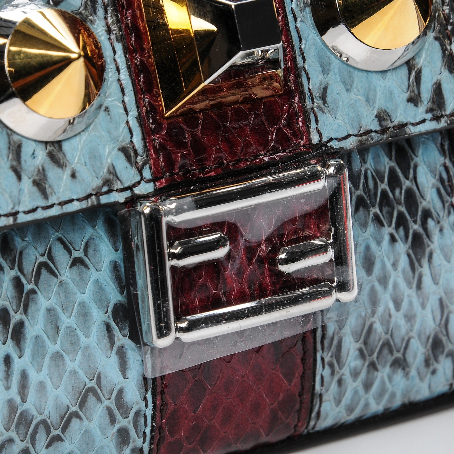Fendi Elaphe Vitello Dolce Pequin Inlay Studded Micro Double Baguette Bordeaux Sky 9 of 9