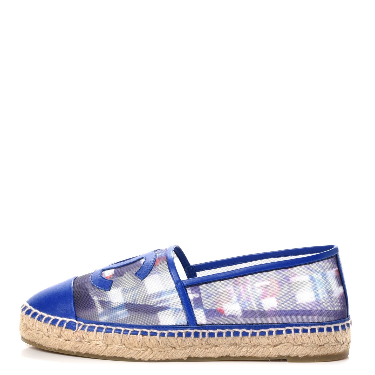 Mesh Lambskin Plaid Print CC Espadrilles 38 Blue White Red