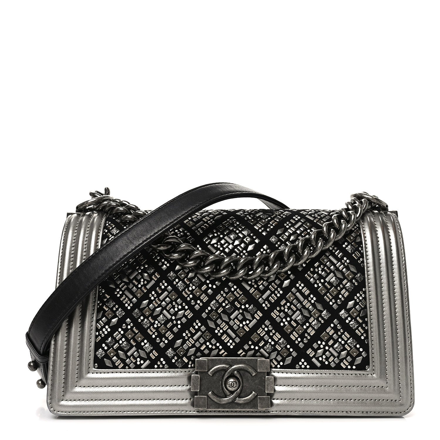 Chanel Jersey Embroidered Medium Boy Flap Black Silver 1 of 9