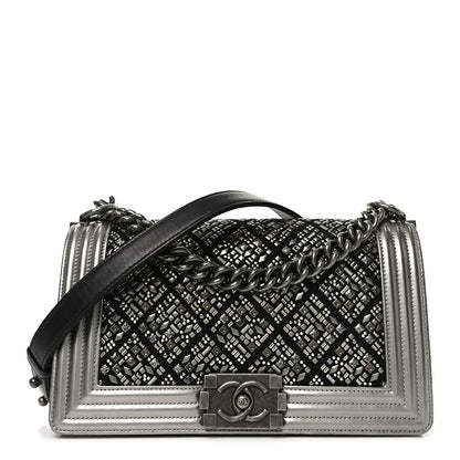 Chanel Jersey Embroidered Medium Boy Flap Black Silver 1 of 9