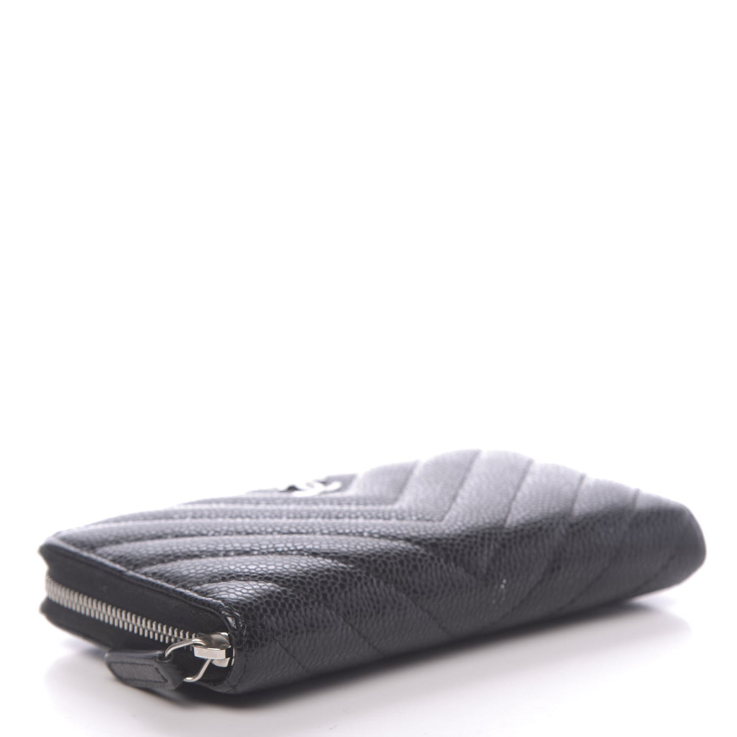 Caviar Chevron Quilted Small Zip Around Wallet Black