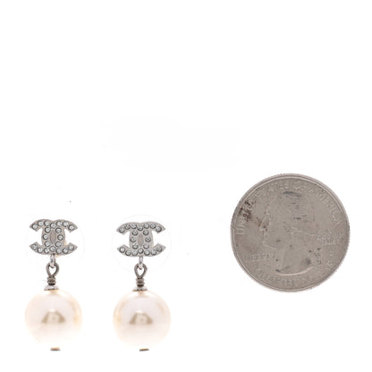 Chanel Crystal Pearl CC Drop Earrings Silver Pearly White 2 of 5