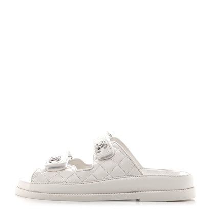 Chanel Lambskin Quilted Velcro Dad Chain CC Slide Sandals 38 White 1 of 14