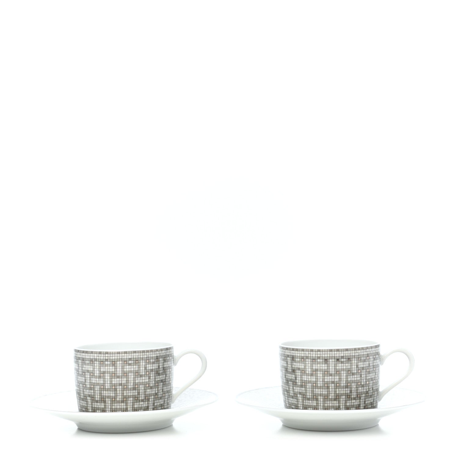 Hermes Porcelain Mosaique Au 24 Platine Tea Cup And Saucer Set Of 2 Platinum 1 of 8