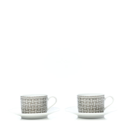 Hermes Porcelain Mosaique Au 24 Platine Tea Cup And Saucer Set Of 2 Platinum 1 of 8